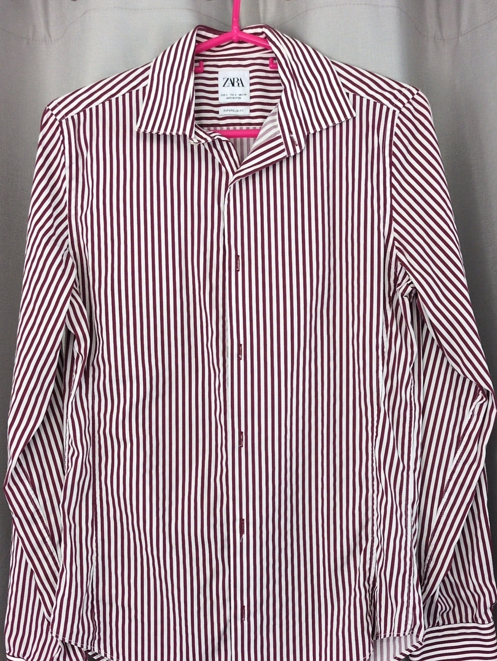 ZARA Men's Burgundy and White Vertical Stripe Dress Shirt